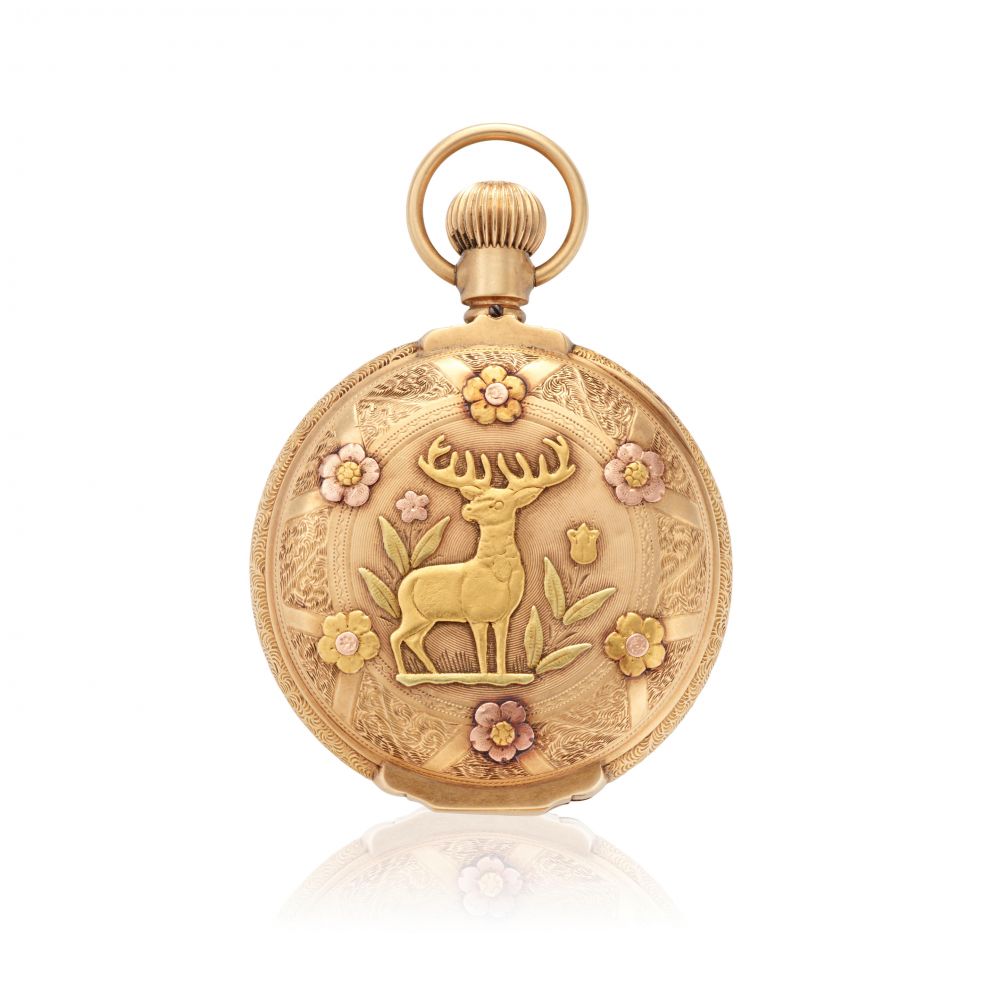 WALTHAM. A MULTI COLORED 14K GOLD BOX HINGE HUNTER CASED WATCH