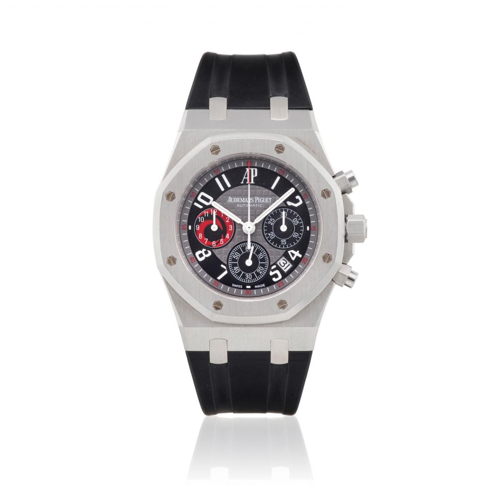 AUDEMARS PIGUET. A FINE STAINLESS STEEL LIMITED EDITION AUTOMATIC CALENDAR WATCH WITH CHRONOGRAPH