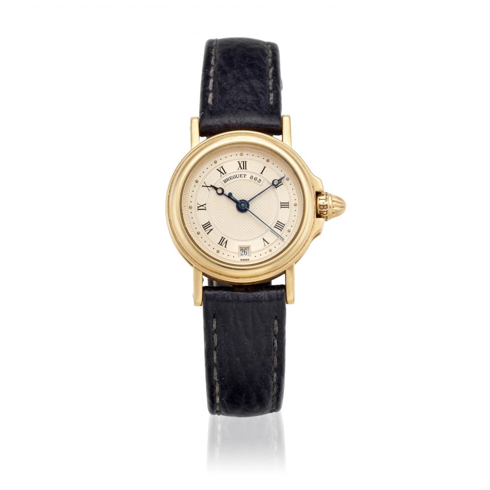 BREGUET. AN 18K GOLD LADY'S AUTOMATIC CALENDAR WATCH