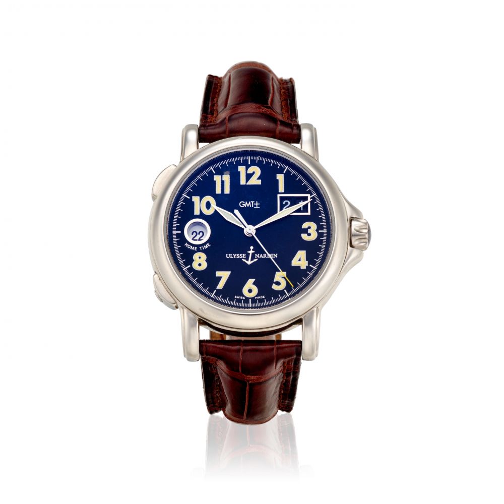ULYSSE NARDIN. A STAINLESS STEEL AUTOMATIC CALENDAR WATCH WITH DUAL TIME ZONE