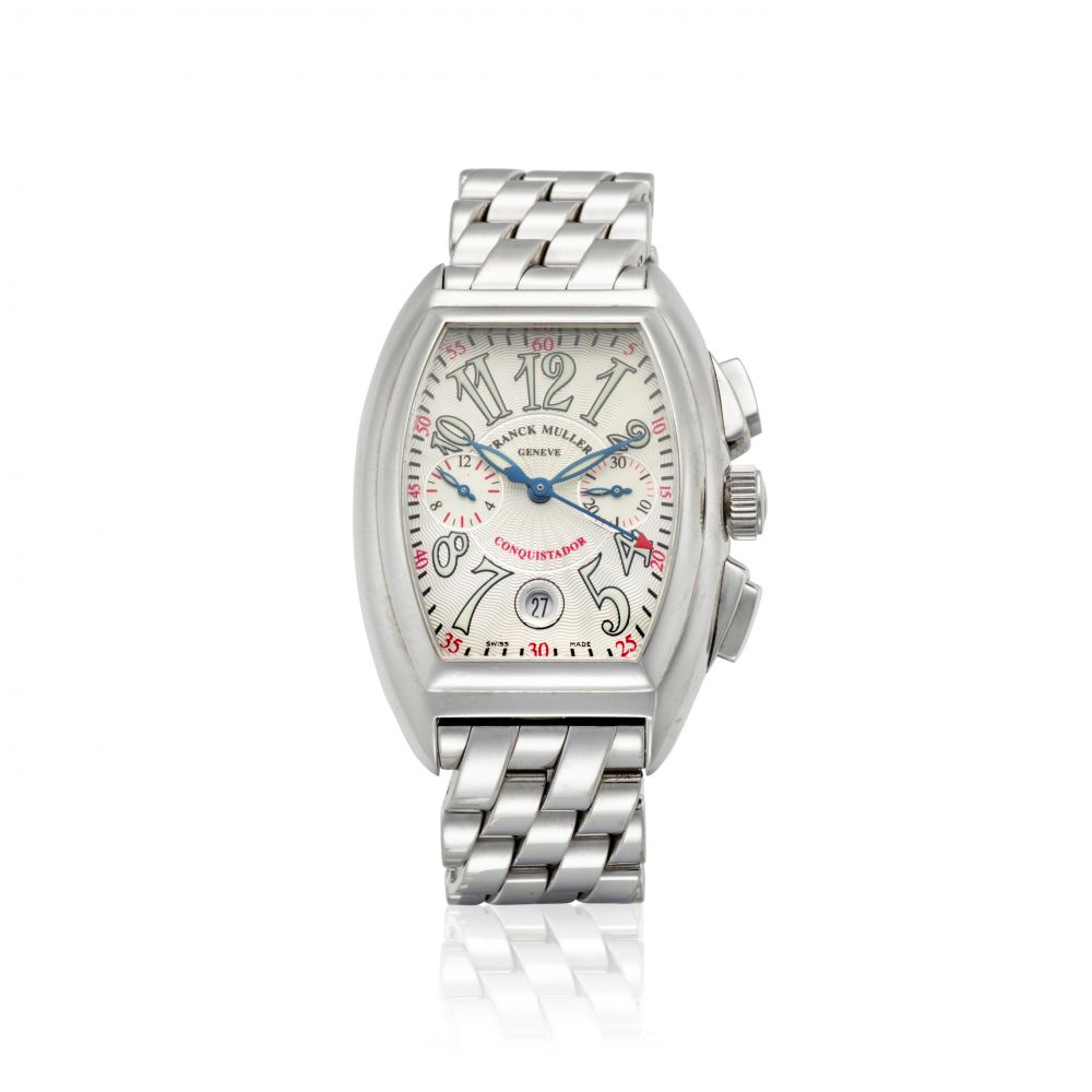 FRANCK MULLER. A STAINLESS STEEL AUTOMATIC TONNEAU FORM CALENDAR BRACELET WRISTWATCH WITH CHRONOGRAPH