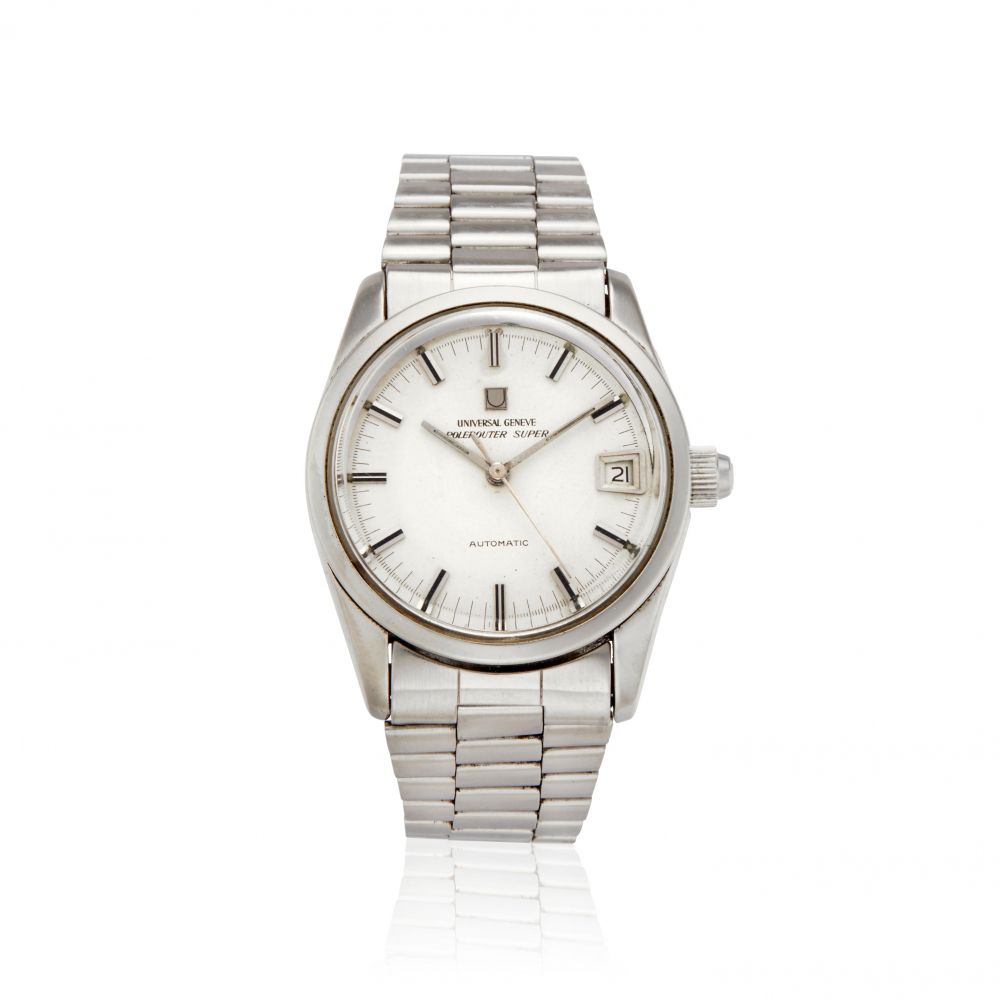 UNIVERSAL GENEVE. A STAINLESS STEEL AUTOMATIC CALENDAR BRACELET WATCH
