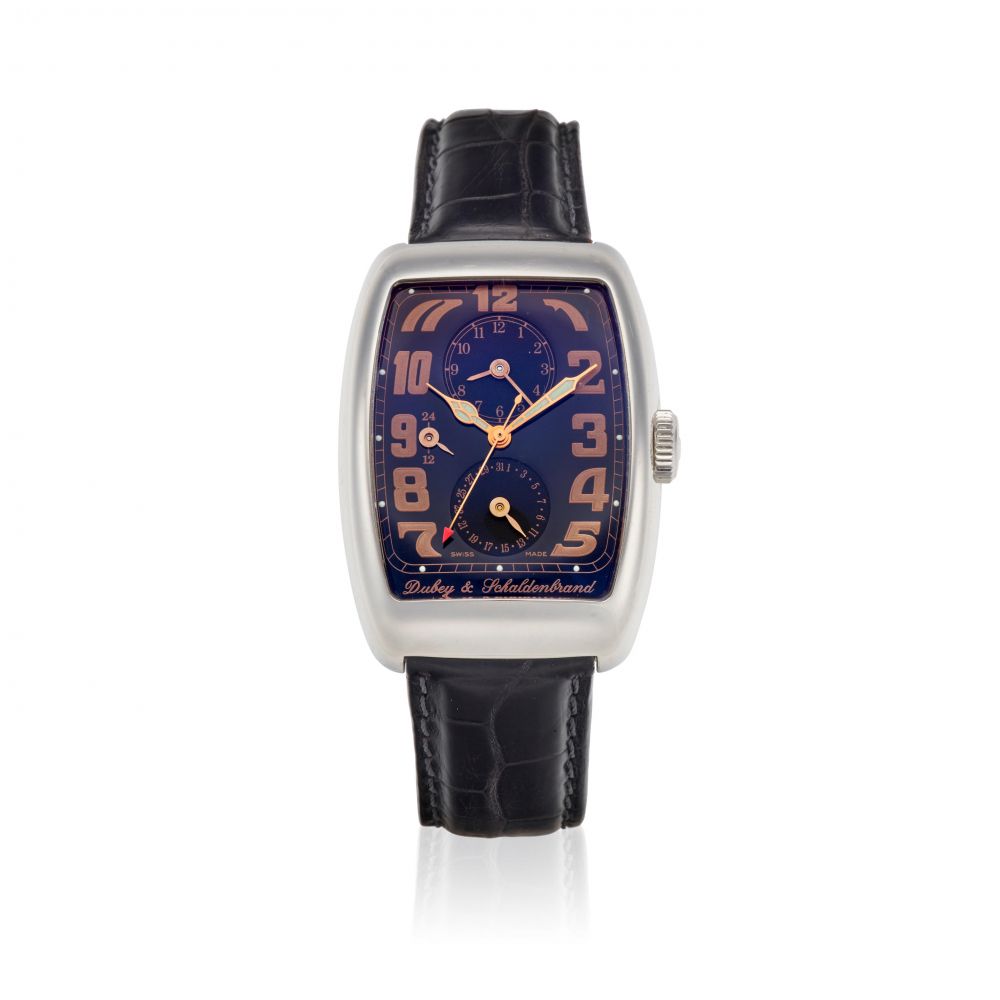 DUBEY & SCHALDENBRAND. A STAINLESS STEEL DUAL TIME ZONE CALENDAR WATCH