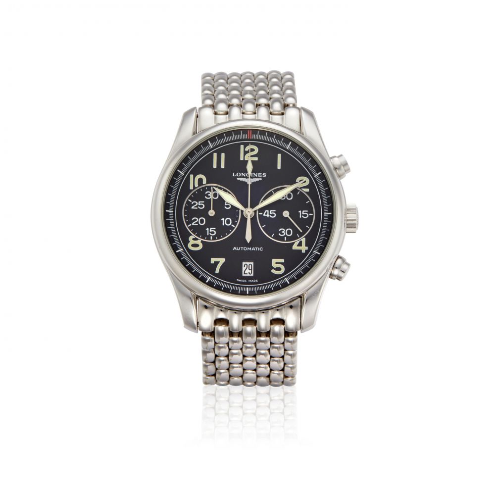 LONGINES. A STAINLESS STEEL AUTOMATIC CALENDAR CHRONOGRAPH BRACELET WATCH