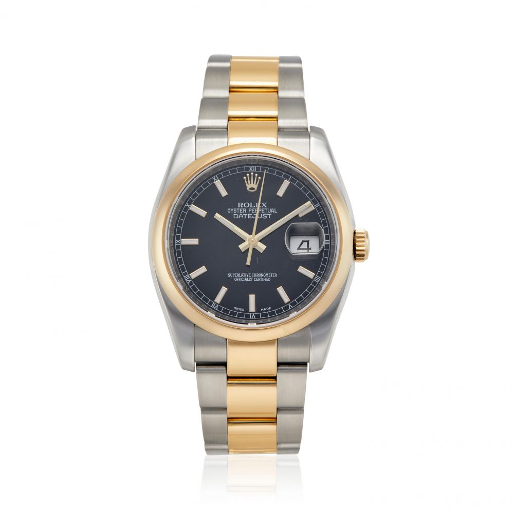 ROLEX. AN 18K GOLD AND STAINLESS STEEL AUTOMATIC CALENDAR BRACELET WATCH