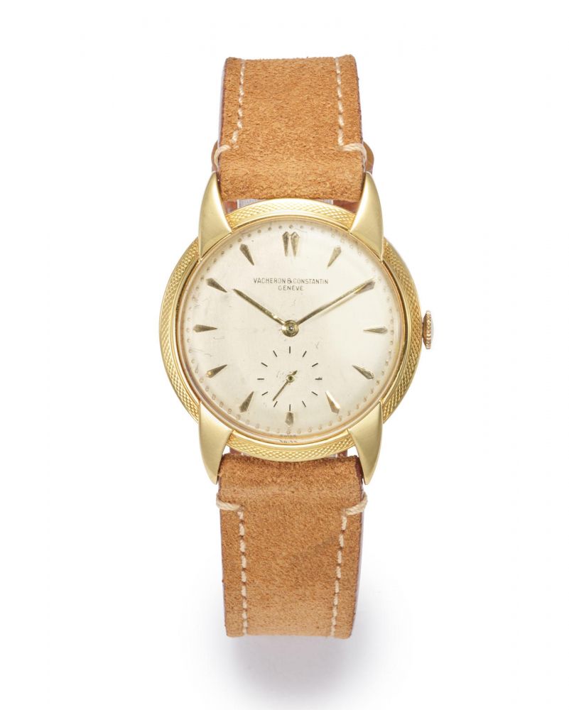 VACHERON & CONSTANTIN. A RARE YELLOW GOLD WRISTWATCH WITH TEXTURED CASE AND FANCY LUGS, CIRCA 1955
