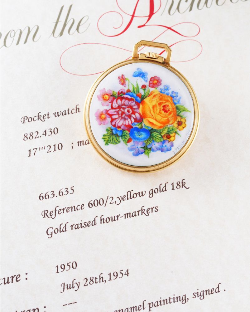 Patek Philippe | Ref.600/2, A Superb, Extremely Rare and Unique Yellow Gold Pocket Watch with Enamel Miniature of Flower Bouquet by L. Pellarin-Leroy, 1950