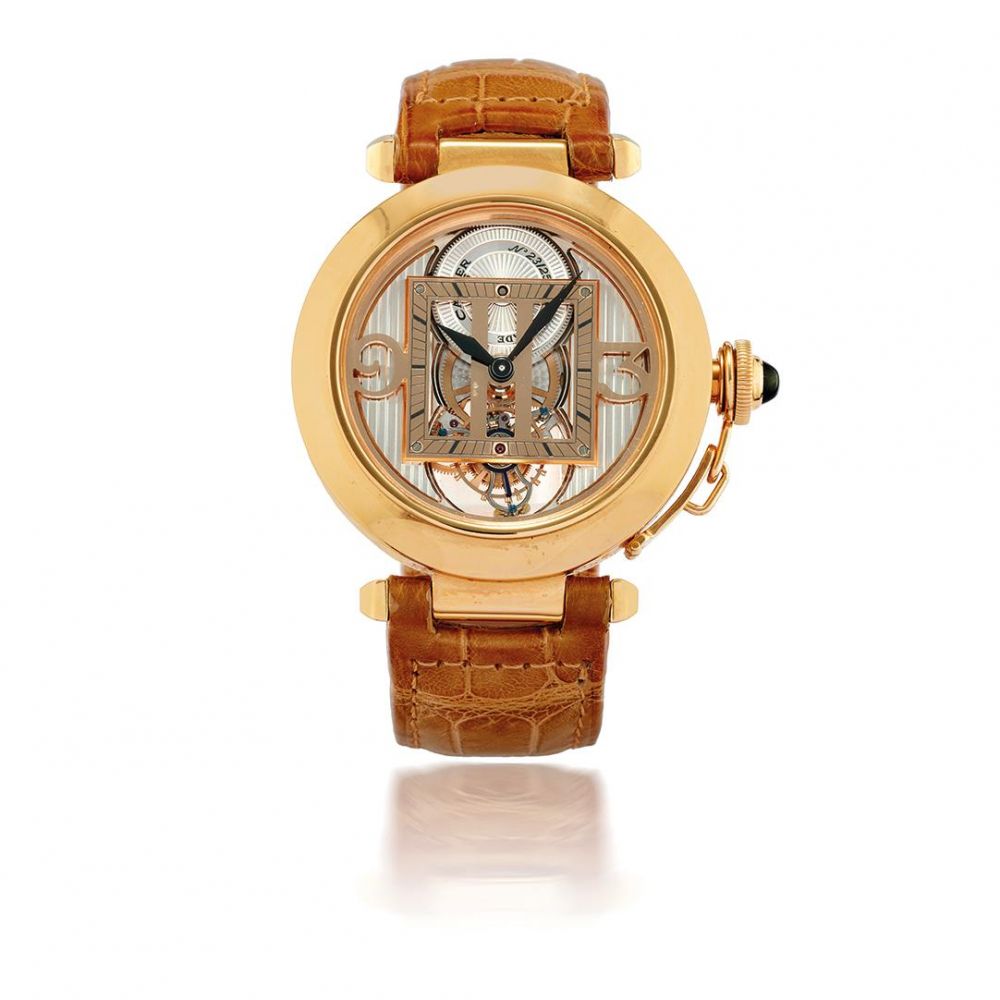 CARTIER. BELLE MONTRE BRACELET EN OR ROSE 18K (750) CADRAN SEMI SQUELETTE MOUVEMENT AUTOMATIQUE TOURBILLON