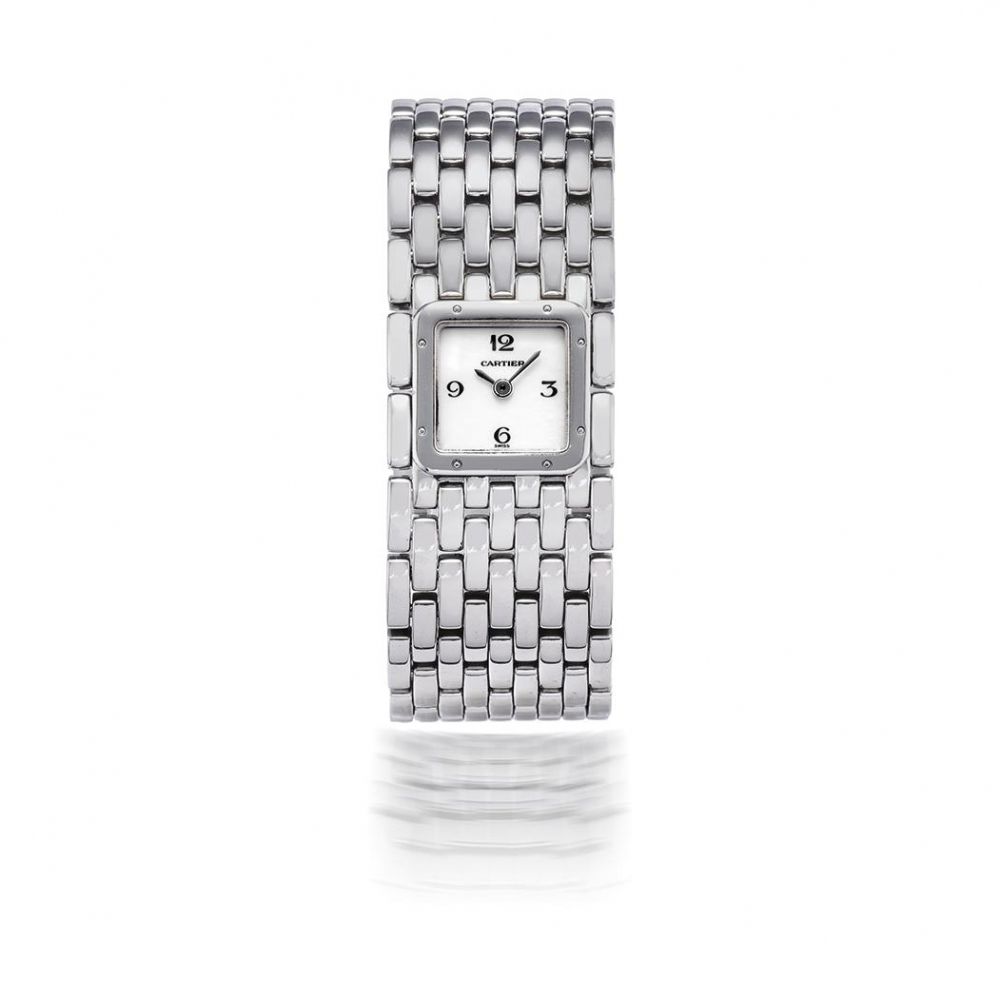 CARTIER. MONTRE BRACELET DE DAME EN ACIER AVEC CADRAN NACRE ROSE MOUVEMENT QUARTZ
