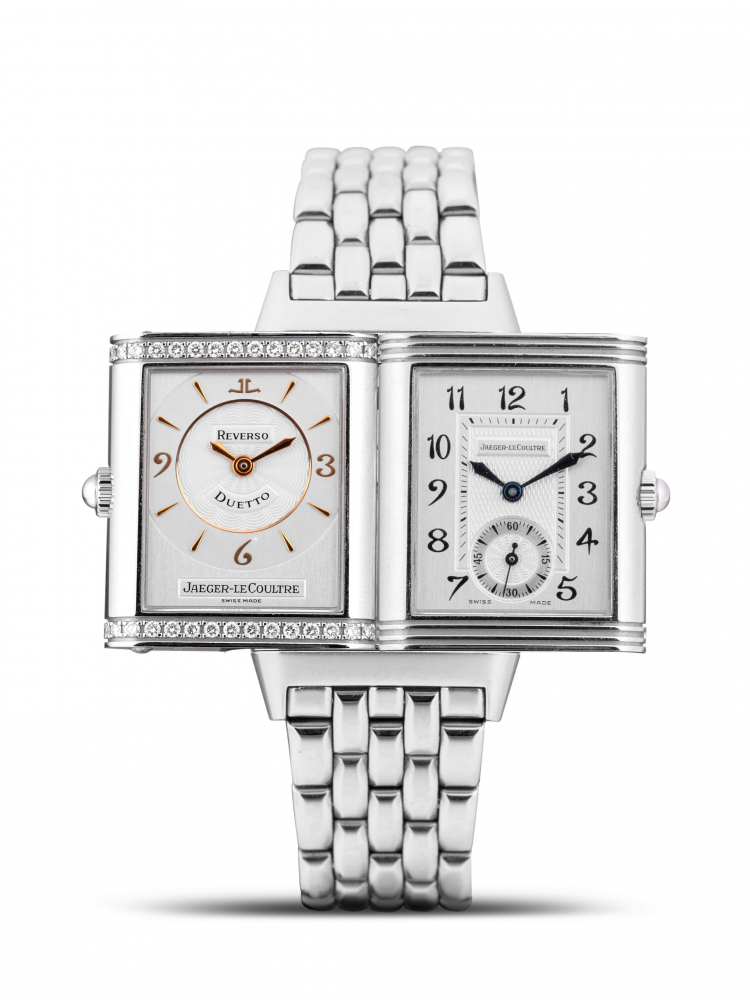 JAEGER-LECOULTRE | REVERSO DUETTO, A STAINLESS STEEL AND DIAMOND-SET BRACELET WATCH WITH DUAL DIAL, CIRCA 2010