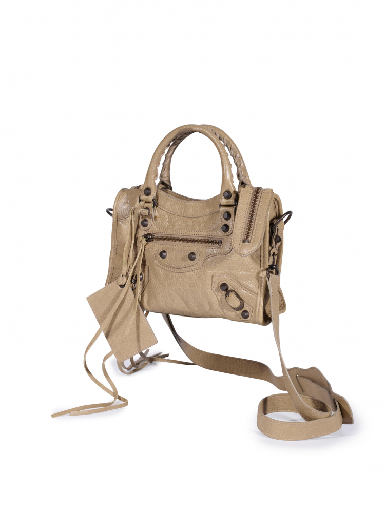 BALENCIAGA: BEIGE CLASSIC METALIC MINI CITY LEATHER HANDBAG
