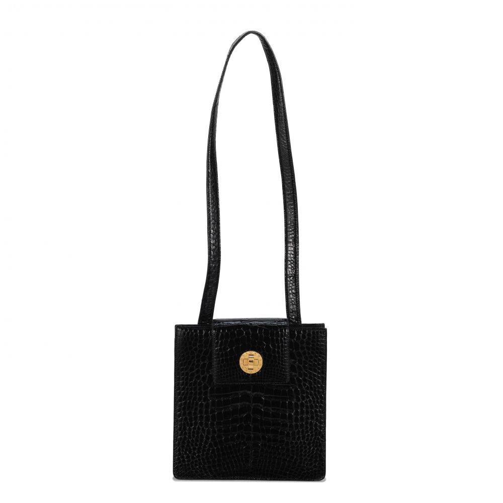 BVLGARI: A BLACK SHINY CROCODILE SHOULDER BAG