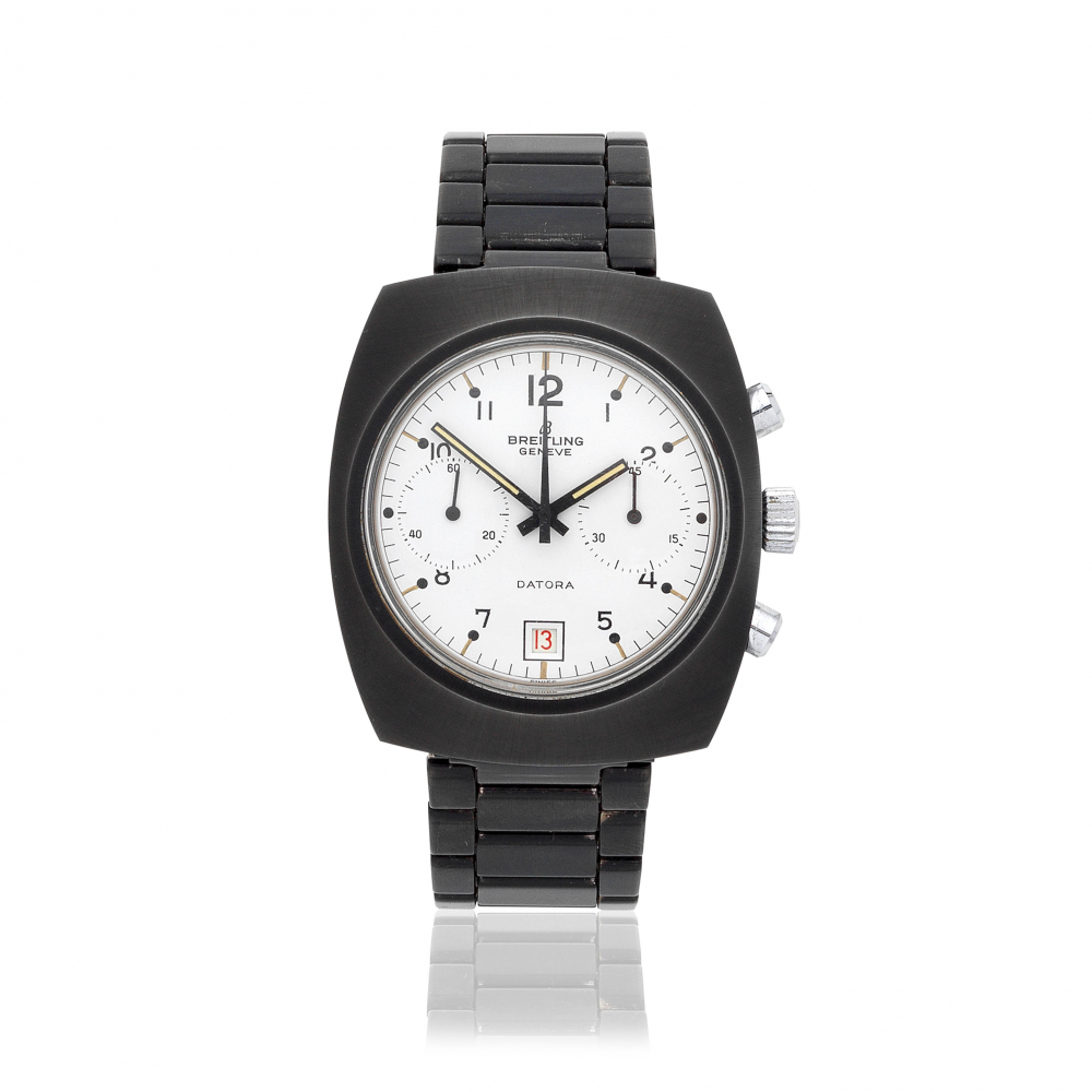 Breitling. A black PVD coated stainless steel manual wind calendar chronograph bracelet watch