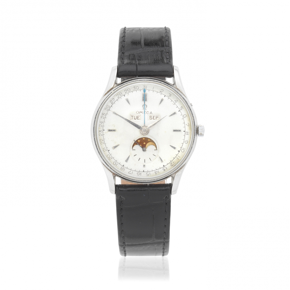 Omega. A stainless steel manual wind triple calendar wristwatch with moon phase