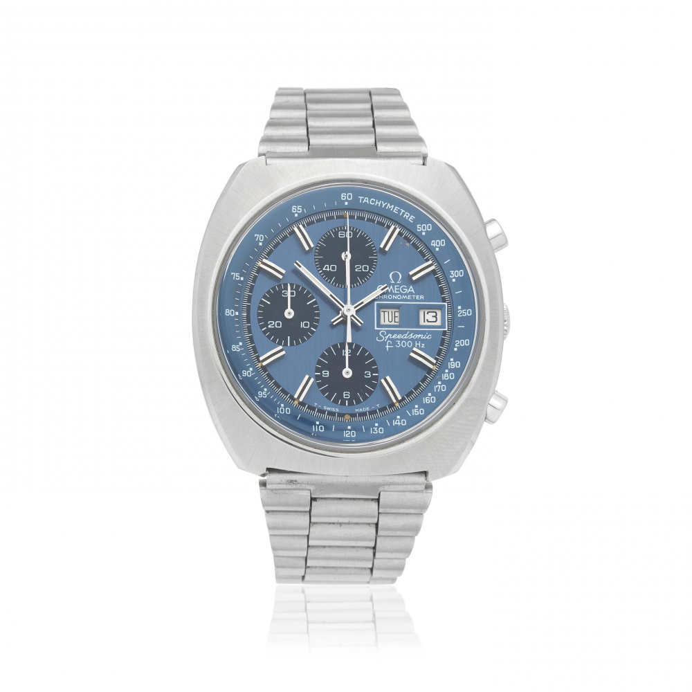 Omega. A stainless steel electronic quartz chronograph bracelet watch