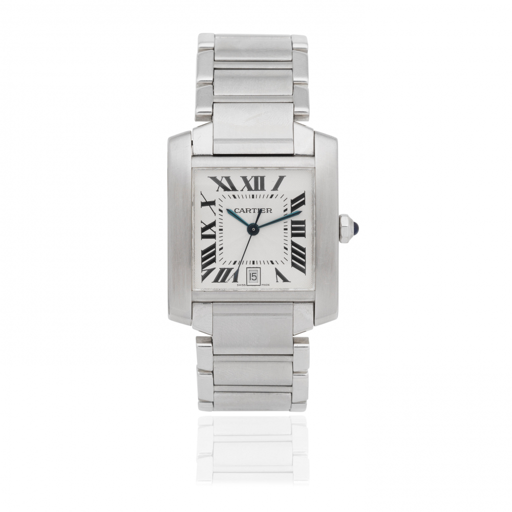 Cartier. A stainless steel automatic calendar bracelet watch