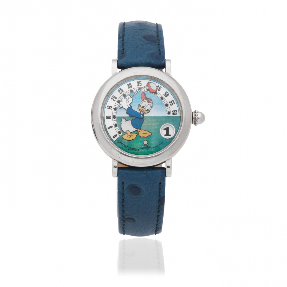 Gerald Genta. A stainless steel automatic jump hour wristwatch with Donald Duck retrograde minutes and mother of pearl dial