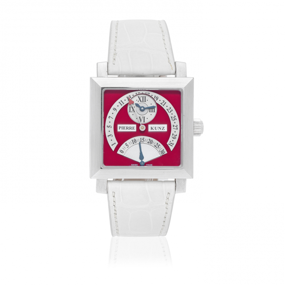 Pierre Kunz. An 18k white gold automatic eccentric dial square wristwatch with retrograde date and seconds