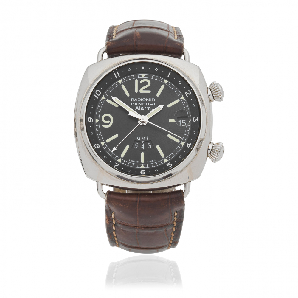 Panerai. A stainless steel automatic calendar wristwatch with dual time zone and alarm