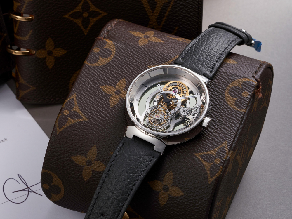 Pre-owned Louis Vuitton Tambour Quartz Brown Dial Men's Watch Q1111, Quartz Movement, Genuine Leather Strap, 39 mm Case in Brown