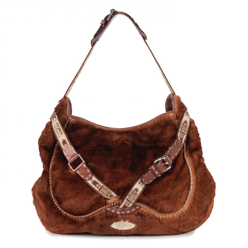 Fendi: a Rare and Unique Brown Silk Sheepskin and Leather 'Selleria' Shoulder Bag
