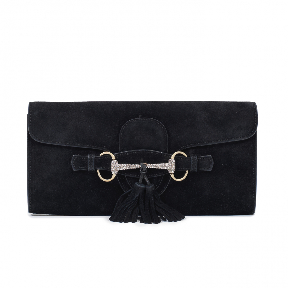 Gucci: a Black Suede Crystal Horsebit Broadway Clutch