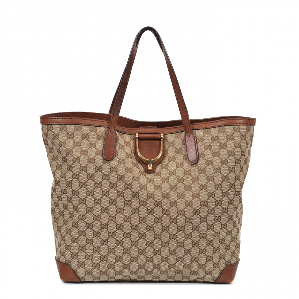 Gucci: a Brown Monogram Canvas Stirrup Tote