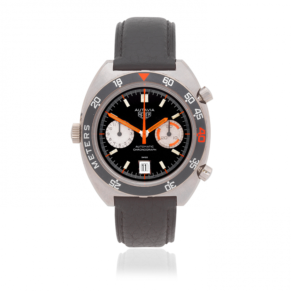 Heuer. A rare stainless steel automatic calendar chronograph wristwatch with decompression bezel