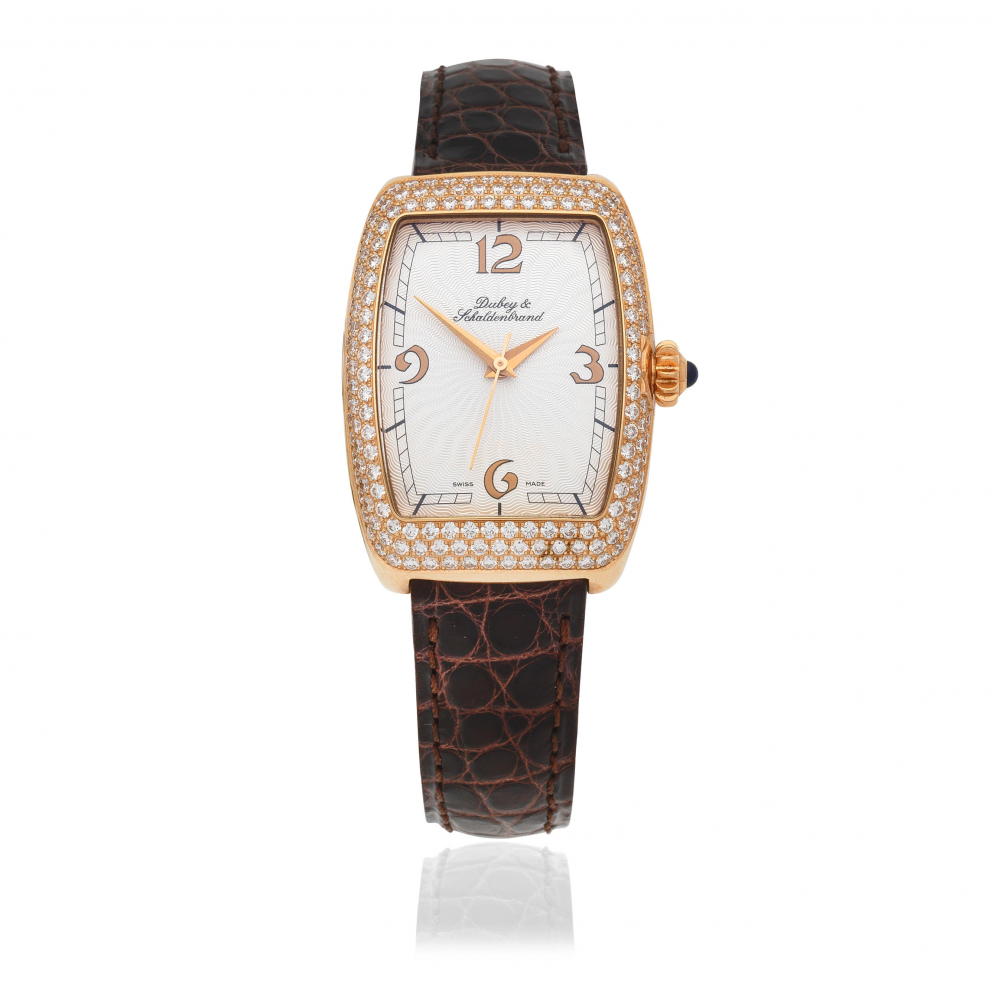 Dubey & Schaldenbrand. A lady's 18K rose gold and diamond set automatic wristwatch