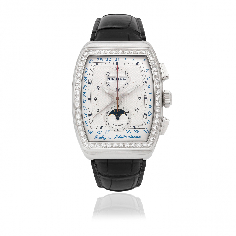 Dubey & Schaldenbrand. A stainless steel and diamond set automatic triple calendar chronograph wristwatch with moon phase