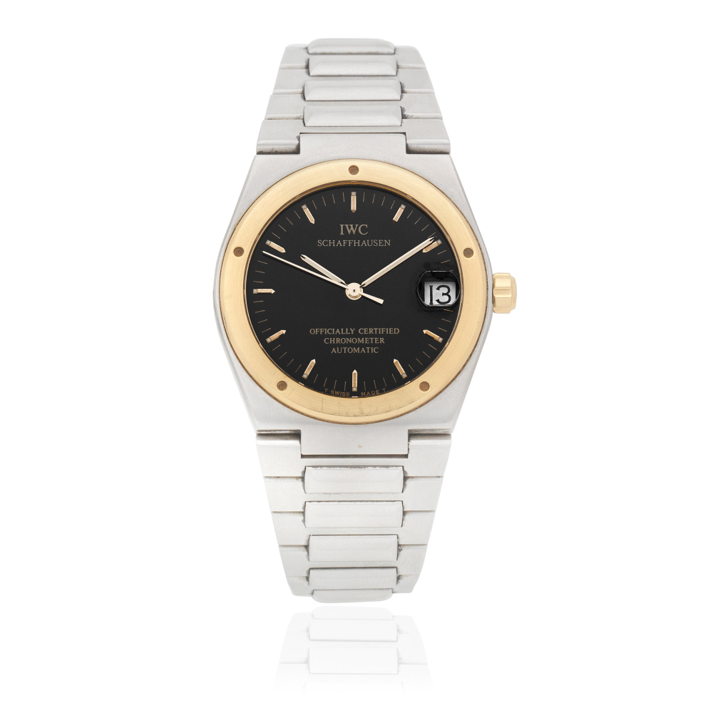 IWC. A stainless steel and gold automatic calendar bracelet watch
