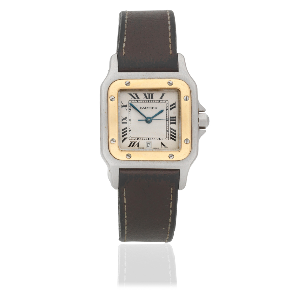Cartier. A stainless steel and gold quartz calendar wristwatch