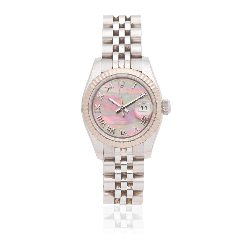 Rolex. A lady's stainless steel automatic calendar bracelet watch with mother of pearl dial