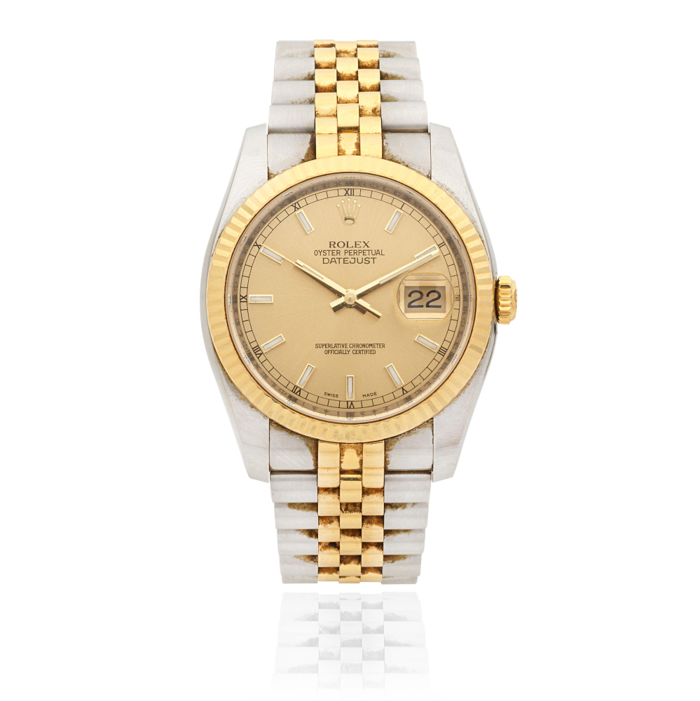 Rolex. A stainless steel and gold automatic calendar bracelet watch