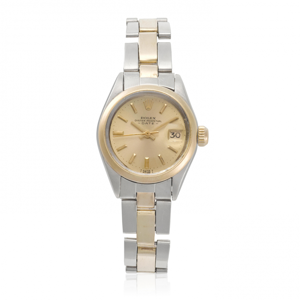 ROLEX. A STAINLESS-STEEL AND GOLD AUTOMATIC CALENDAR BRACELET WATCH