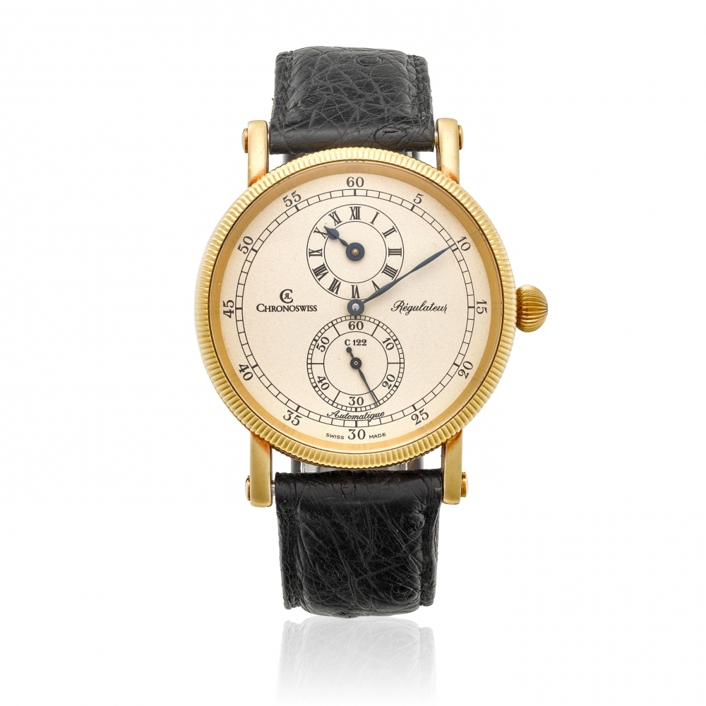 CHRONOSWISS. AN 18K GOLD AUTOMATIC WRISTWATCH WITH REGULATOR DIAL