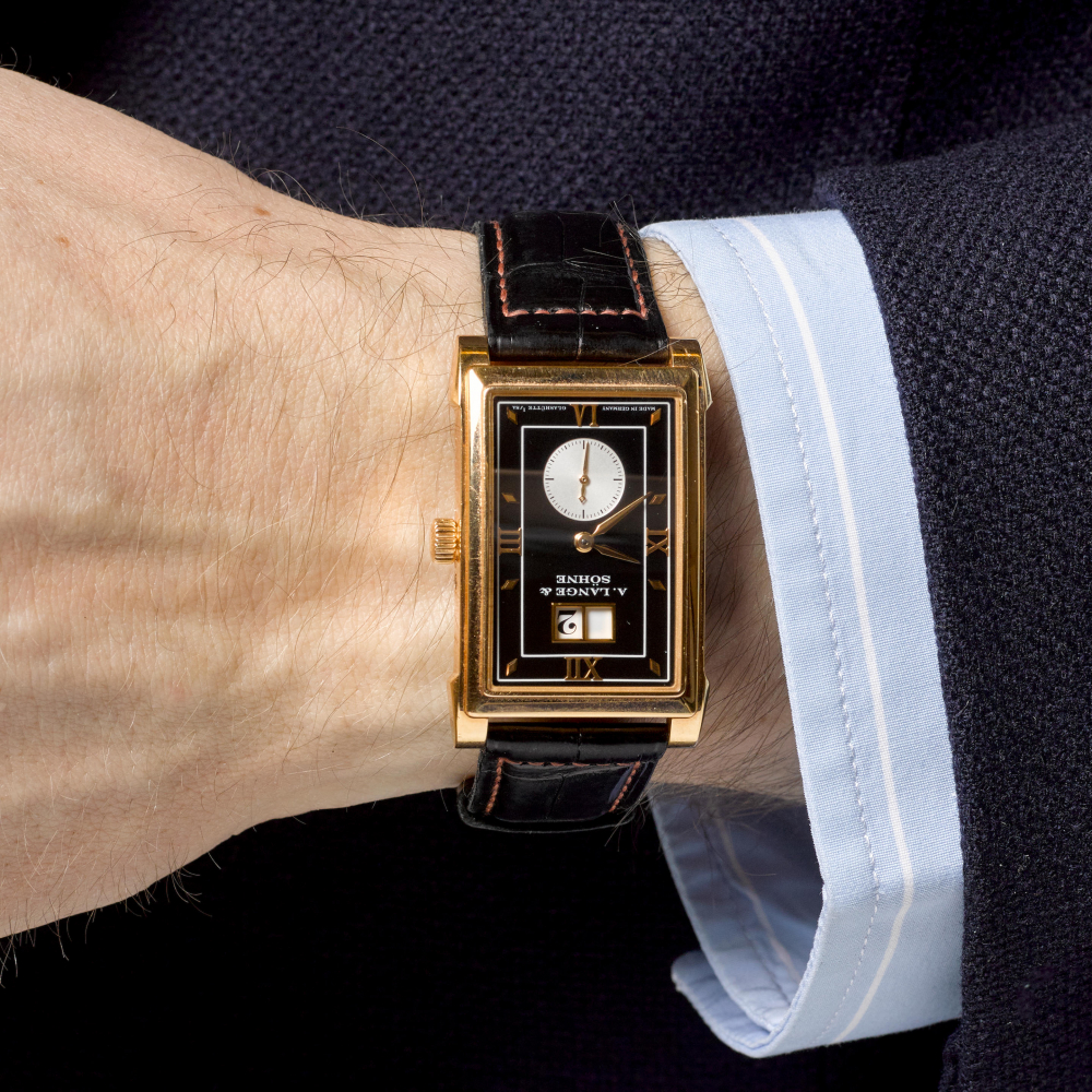 A. LANGE & SÖHNE. A FINE 18K ROSE GOLD MANUAL WIND CALENDAR WRISTWATCH