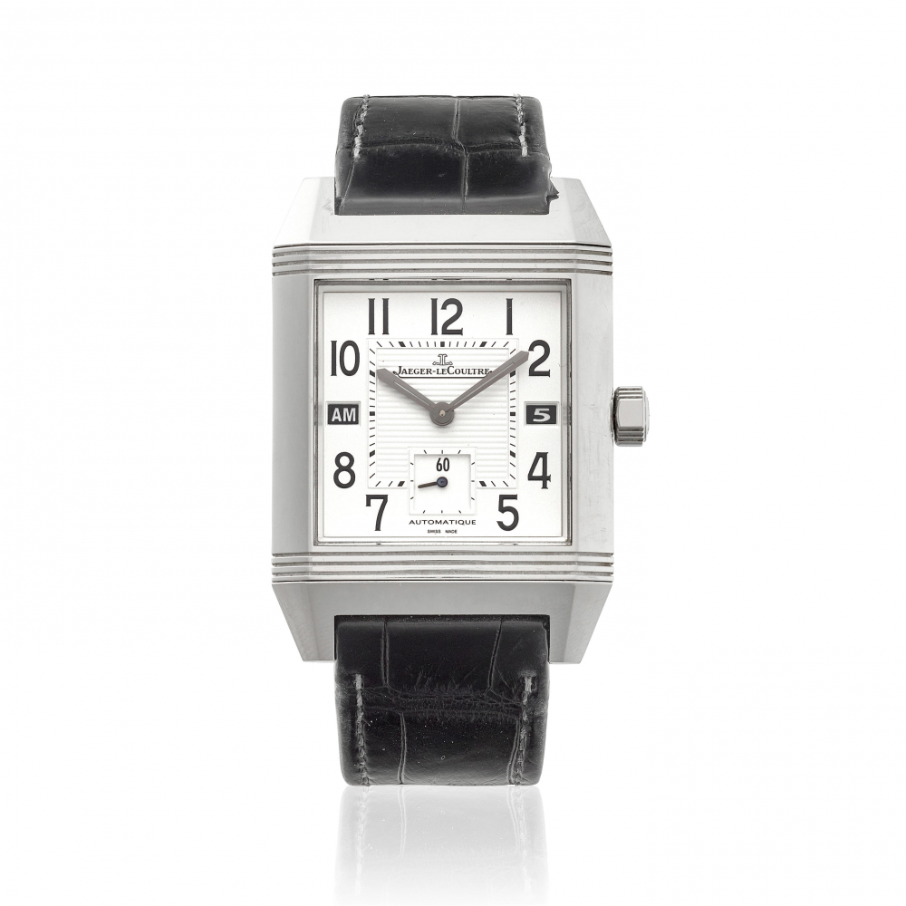 JAEGER LECOULTRE. A STAINLESS STEEL AUTOMATIC CALENDAR WRISTWATCH WITH DAY/NIGHT INDICATION