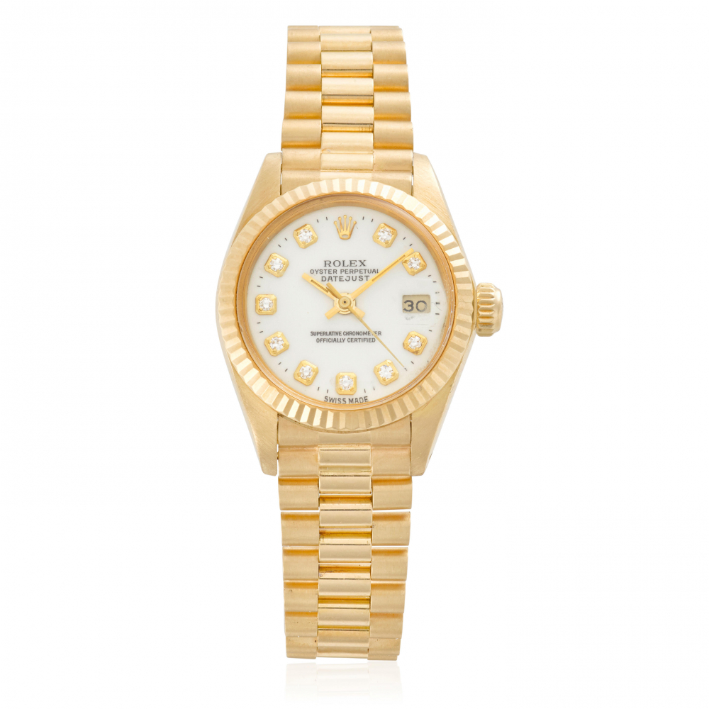 ROLEX. A RARE 18K GOLD AND DIAMOND AUTOMATIC CALENDAR BRACELET WATCH WITH PORCELAIN DIAL