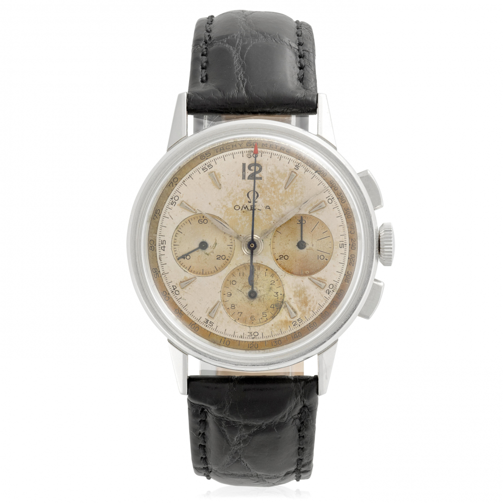 OMEGA. A STAINLESS STEEL MANUAL WIND CHRONOGRAPH WRISTWATCH WITH REGISTERS