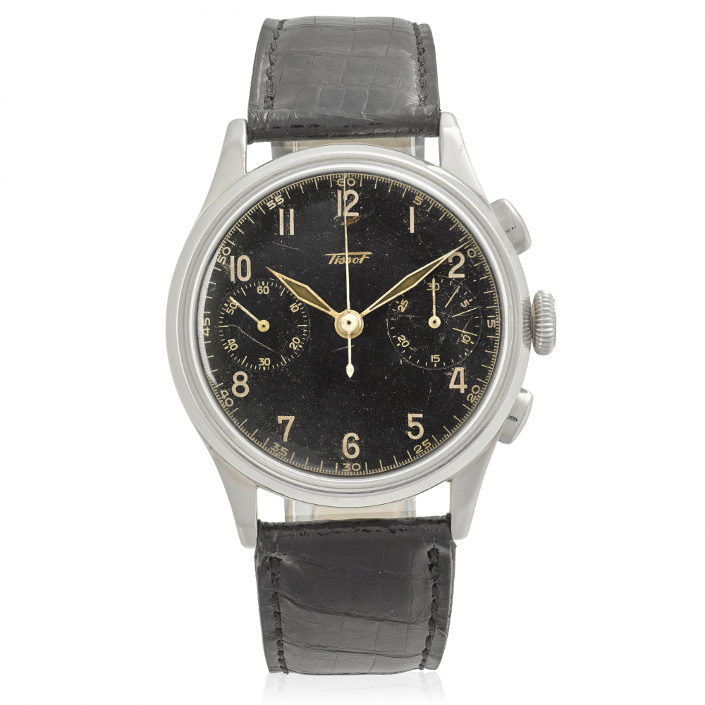 TISSOT. A MANUAL WIND STAINLESS STEEL CHRONOGRAPH WRISTWATCH