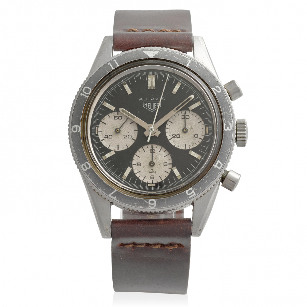 HEUER. A RARE STAINLESS STEEL CHRONOGRAPH WATCH