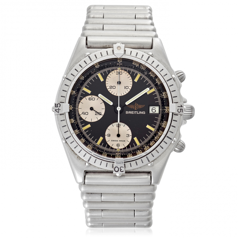 BREITLING. A STAINLESS STEEL AUTOMATIC CALENDAR CHRONOGRAPH BRACELET WATCH