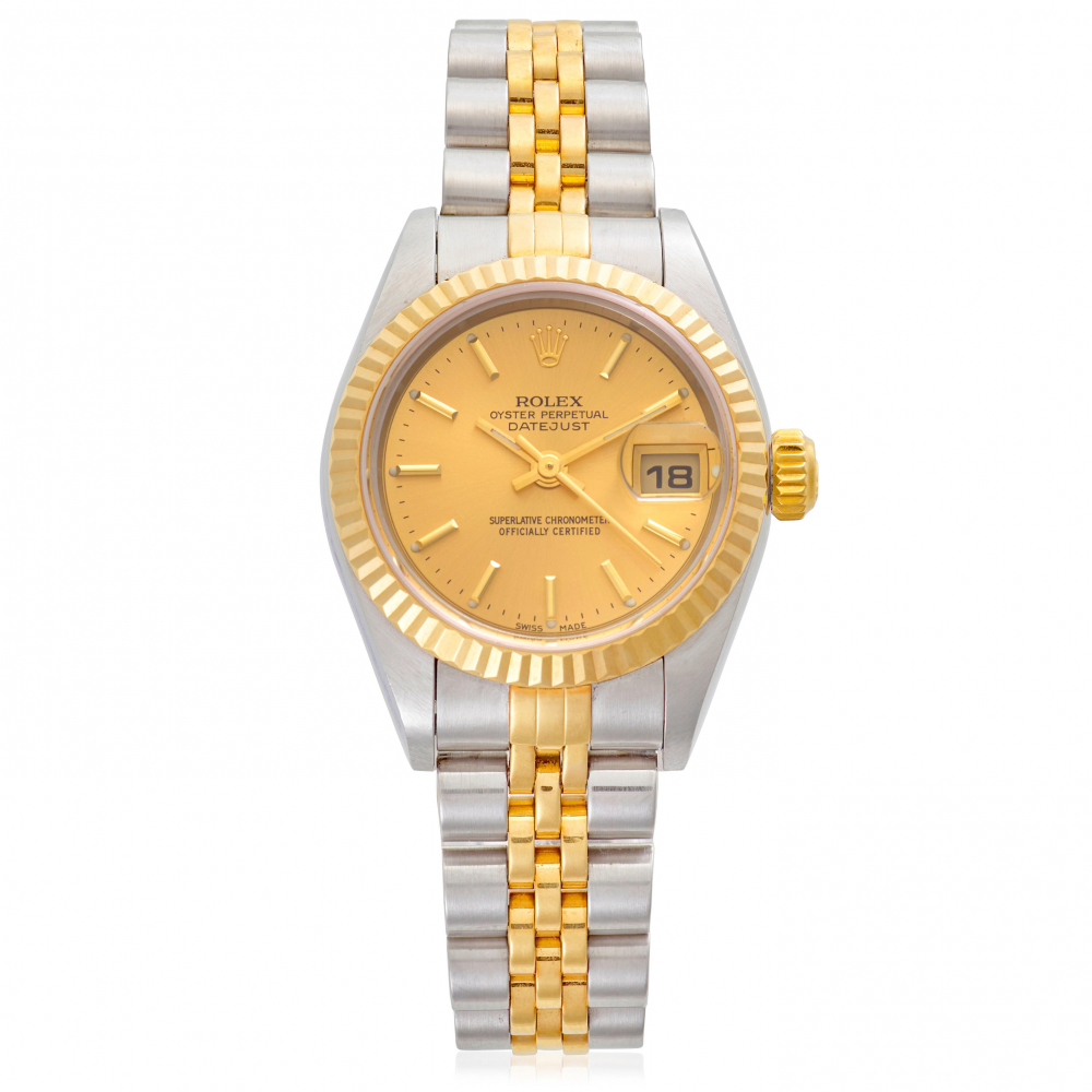 ROLEX. A STAINLESS-STEEL AND GOLD AUTOMATIC CALENDAR BRACELET WATCH