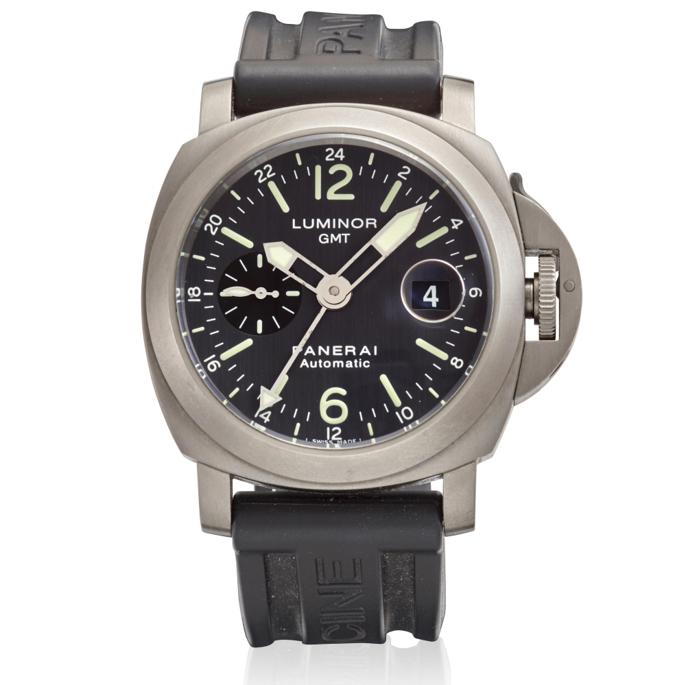 PANERAI. A TITANIUM AUTOMATIC WRISTWATCH WITH DUAL TIME ZONE AND DATE