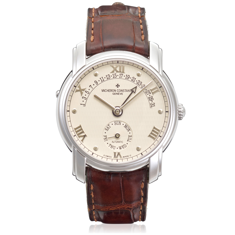 VACHERON CONSTANTIN. AN 18K WHITE GOLD AUTOMATIC RETROGRADE CALENDAR WRISTWATCH