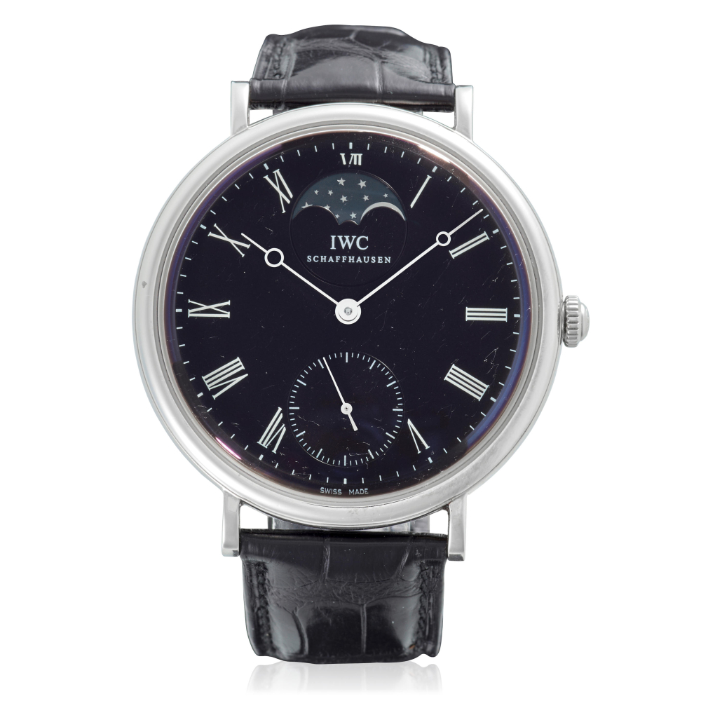 IWC. A STAINLESS-STEEL MANUAL WIND WRISTWATCH WITH MOON PHASE