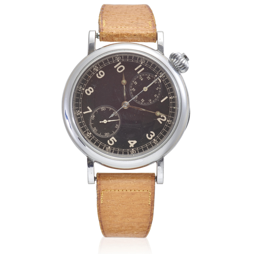 LONGINES. A RARE STEEL MANUAL WINDING CHRONOGRAPH WRISTWATCH