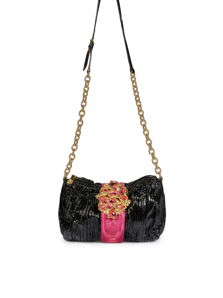 MIU MIU: BLACK PATENT AND PINK SEQUIN CRYSTAL BAG WITH GOLD TONED CHAIN
