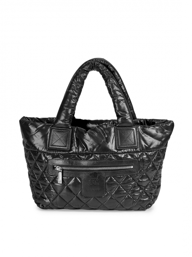 CHANEL: BLACK COCO COCOON NYLON TOTE BAG WITH SILVER TONEDS HARDWARE